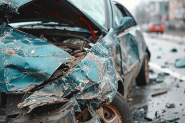Capturing the aftermath of a car accident with a broken vehicle, highlighting the importance of road safety and caution