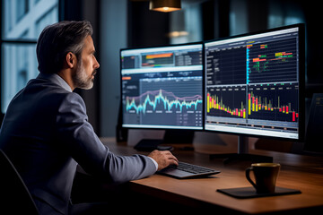 Focused Businessman Analyzing Financial Market Data A concentrated professional in a suit evaluates complex stock market trends on multiple computer screens in a office.