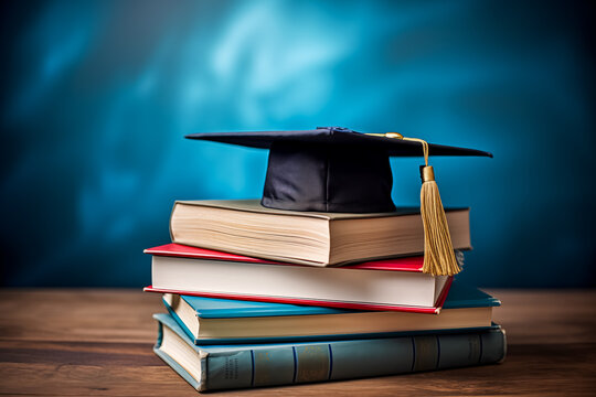 Graduation Cap on Stack of Books A symbolic representation of academic achievement, featuring a graduation cap atop a pile of hardcover books against a blue background.
