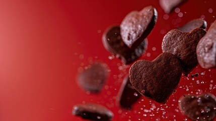 chocolate cookies in the shape of hearts flying against a red background
