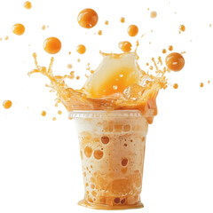 Caramel bubble milk tea In a ready-to-drink glass, bubble tea splashes, sweet, mellow and refreshing. Used to make drink menus in cafe. isolate on white .png