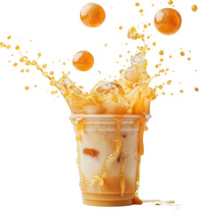 Caramel bubble milk tea In a ready-to-drink glass, bubble tea splashes, sweet, mellow and refreshing. Used to make drink menus in cafe. isolate on white .png