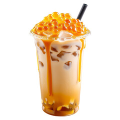 Caramel bubble milk tea In a ready-to-drink glass, bubble tea splashes, sweet, mellow and refreshing. Used to make drink menus in cafe. isolate on white .png