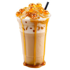 Caramel bubble milk tea In a ready-to-drink glass, bubble tea splashes, sweet, mellow and refreshing. Used to make drink menus in cafe. isolate on white .png