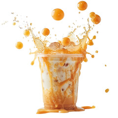 Caramel bubble milk tea In a ready-to-drink glass, bubble tea splashes, sweet, mellow and refreshing. Used to make drink menus in cafe. isolate on white .png