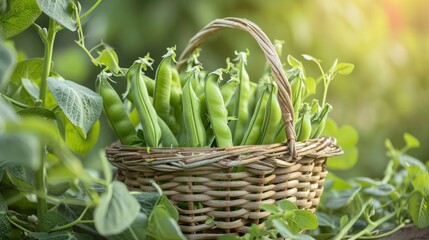 A basket overflowing with freshly picked sugar snap peas - obrazy, fototapety, plakaty