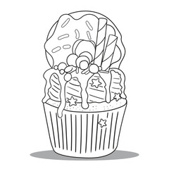 Embark on a delightful journey with this black-and-white cupcake coloring illustration. Brimming with cuteness, intricate details, and delicious charm, it invites you to unleash your creativity