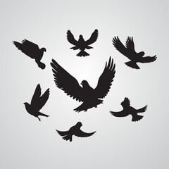 dove of peace A flock of birds (pigeons) go up. Black silhouette on a white background.Vector black white illustration Vector, isolated silhouette of bird set.vector set of silhouette birds, pigeons, 