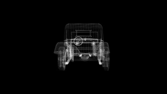 Holographic animation of 3D wireframe car model rotating in black virtual space, hud style,4k
