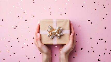 photo of hands posing with a gift box on a pink background