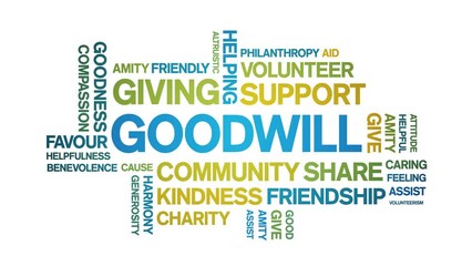 Goodwill animated tag word cloud;text design animation kinetic typography seamless loop.