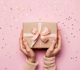 photo of hands posing with a gift box on a pink background