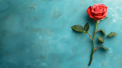 Fototapeta na wymiar Rose on a pastel blue background, top view.
