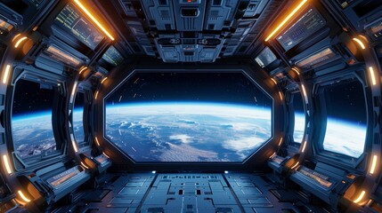 Fototapeta premium Spaceship futuristic interior with view on planet Earth.