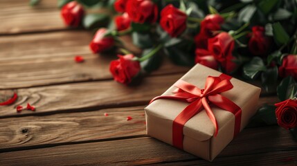 Fototapeta na wymiar Valentines concept with bouquet of roses and wrapped gift box on wooden table
