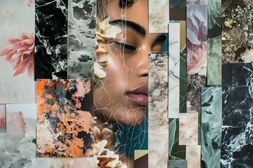 A creative montage merging textures and the visage of a woman, symbolizing the diverse layers of femininity
