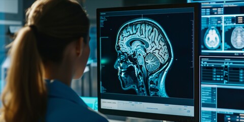 Visual exploration of a brain disease scan displayed on a computer screen. Examining the diverse spectrum of neurological, Significance of diagnostic neurological conditions - obrazy, fototapety, plakaty
