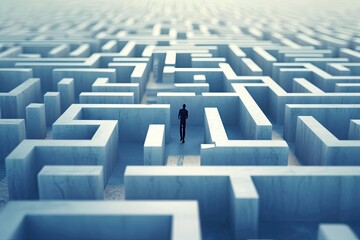 person navigating a maze or labyrinth, symbolizing problem-solving and strategy A person stuck in a maze trying to think of a way out . A businessman navigating through a maze