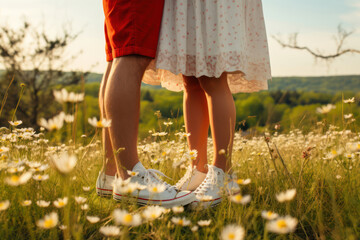 Couple's legs in a field of wildflowers, woman in espadrilles on tiptoes kissing a man in running shoes, picnic basket beside them