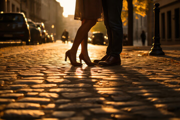 Couple's legs, the woman in ballet flats on tiptoes kissing a man in sneakers on a cobblestone street, evening light casting shadows
