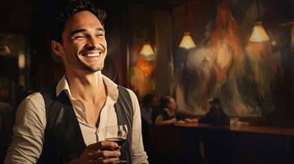 Obraz premium Close-up of a cheerful smiling man with a glass of wine in the museum.