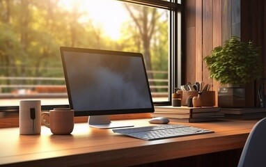 Cozy office interior with pc computer on table, wooden floor with side view. generative ai