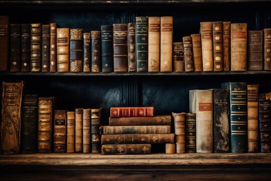 Antique books on shelving made of wood
