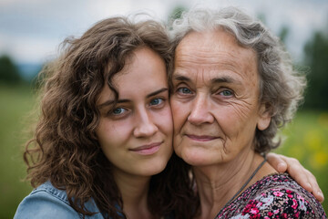 Intimate portrait of a young woman and her elderly mother embracing, with natural background