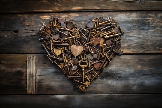 Heart shape formed from a pile of old, rustic keys on a vintage wooden table