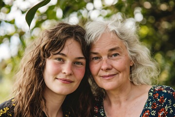 Naklejka premium Young adult daughter and mature mother posing together in a natural setting with green foliage