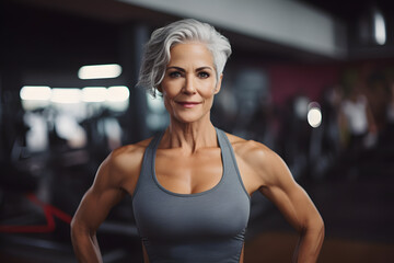 Fototapeta premium Portrait of fit elderly woman with short grey hair with very muscular arms and sport top in gym