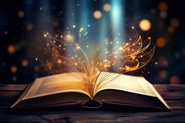 Dark background with open antique pages and glowing bokeh lights literature and education concept