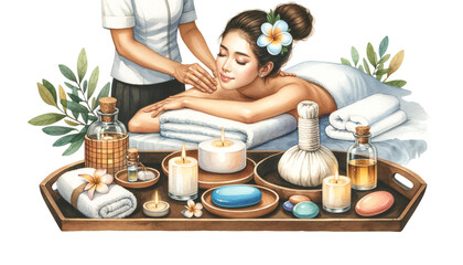 Tranquil Spa Experience with Woman Receiving Back Massage - Watercolor illustration 