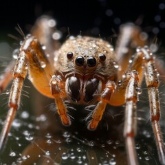 Close-up of a spider in rainy weather on wet ground with drops of water. Macro photos of insects.