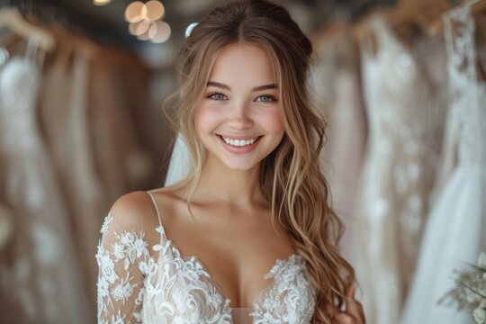 young woman trying on a wedding dress