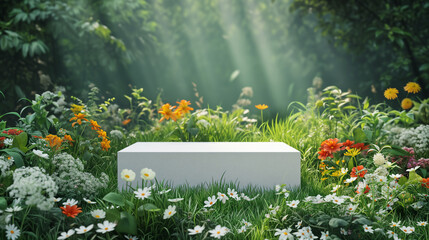 3d render White podium product stand with natural green grasses and colorful flowers on spring scene background for advertising banner, cosmetic, perfumed, fragrance, spring season, Organic