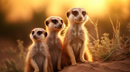 A curious meerkat family standing upright