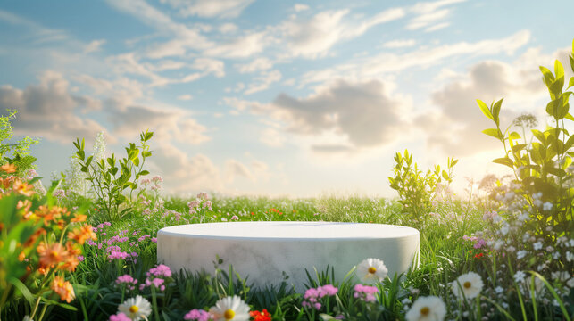 3d render White podium product stand with natural colorful flowers and grass field on spring scene background for advertising banner, cosmetic, perfumed, fragrance, spring season, summer sunlight