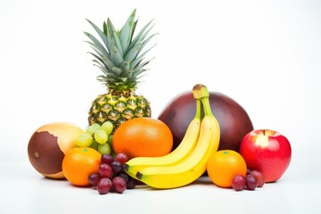 Organic Symphony, A Bountiful Heap of Exquisite Fruits Gracefully Displayed on a Pristine Ivory Table