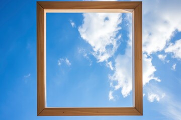 Heavens Portal, A Captivating Perspective Through a Wooden Frame Revealing an Endless Blue Sky