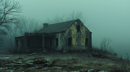 An abandoned building, partially hidden by the thick mist.