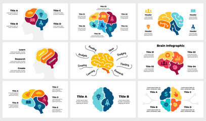 Puzzle Brain Medicine Infographic. Education Creative Thinking Illustration. Circle diagram 4, 5, 6 parts, steps, options. Generate Idea Brainstorming Process. Psychology logo icon. Mental Health - obrazy, fototapety, plakaty