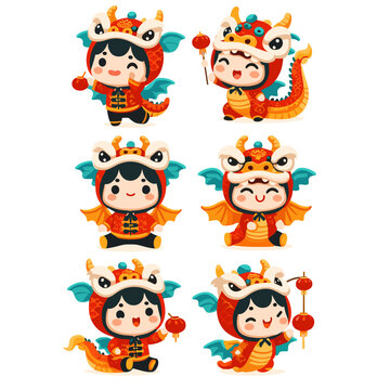 Chinese New Year 2024 cute dragon zodiac with mandarin orange, gold ingot isolated on white background