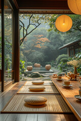 Fototapeta premium The peaceful harmony of a tea room with traditional tatami mats.