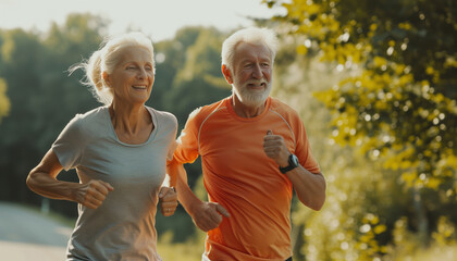 Portrait of senior couple run on a morning  summer