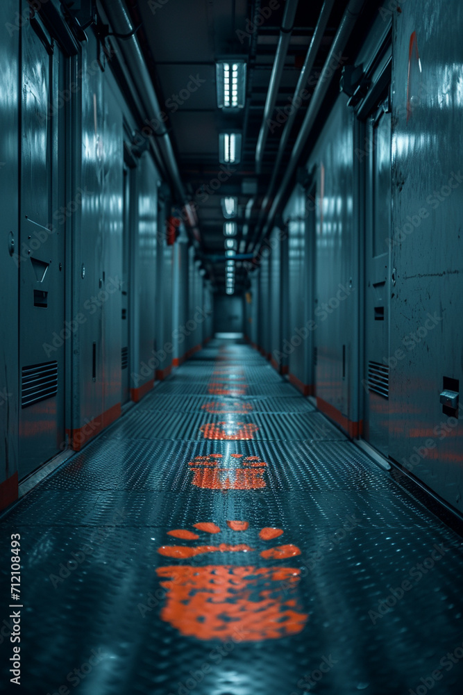 Aufkleber robot footprints in a sci-fi corridor, leading to an unknown futuristic destination