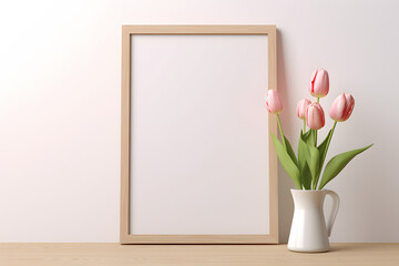 Fototapeta na wymiar Poster mockup with wooden picture frame next to pink tulip spring flowers in vase in front of white wall.