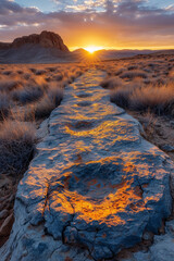 Ancient, fossilized dinosaur footprints across a desert landscape at sunset