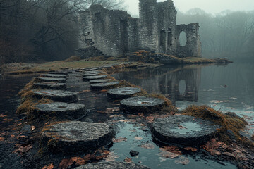 A series of sunken footprints leading to a mysterious, abandoned castle
