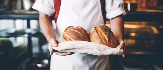 The Masters Artistry, A Bakers Hands Tenderly Cradling Two Golden Loaves of Warm Bread